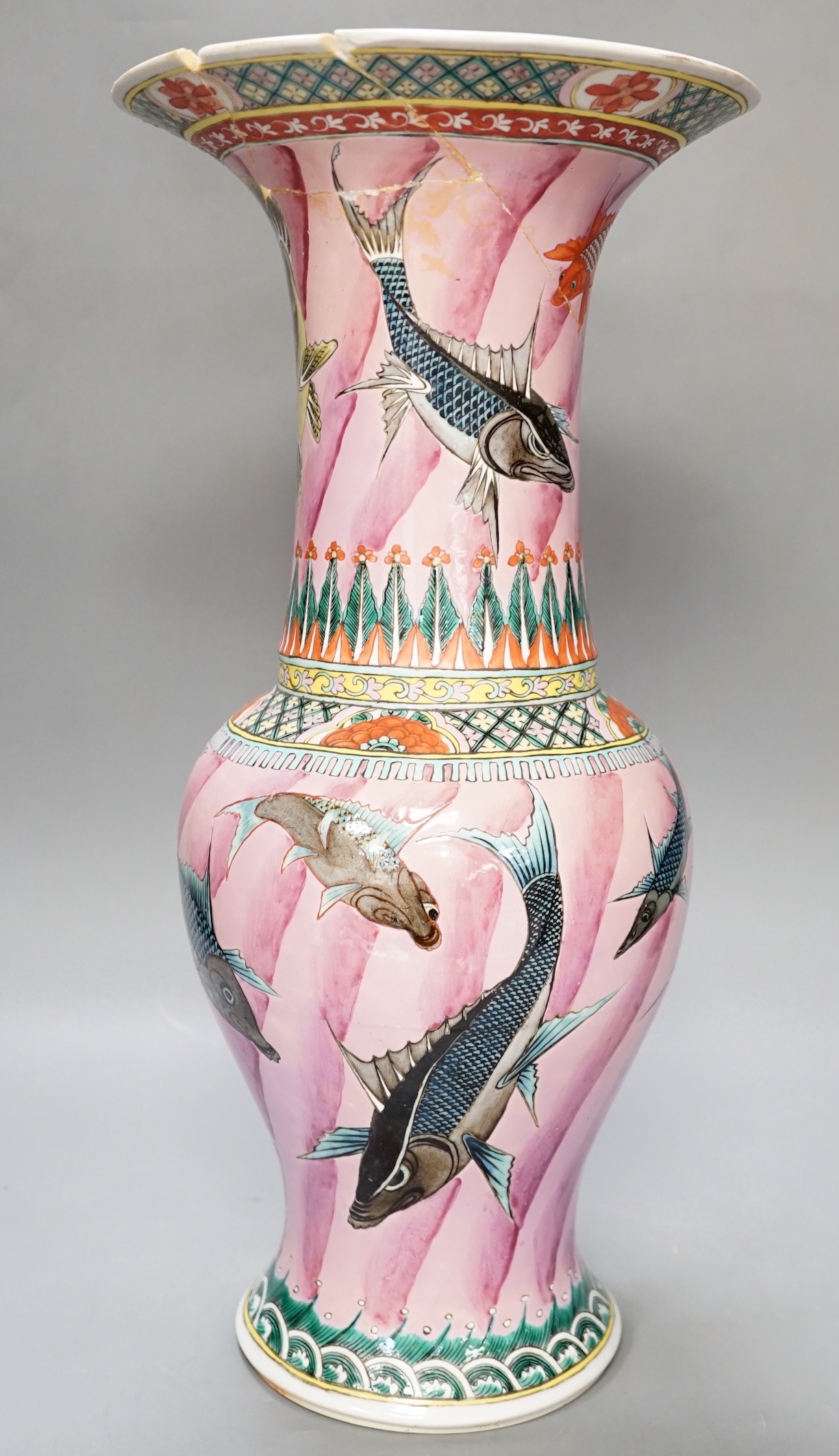 A 19th century Chinese famille rose 'fish' yen-yen vase, apocryphal Kangxi mark to base, a.f., 46cm